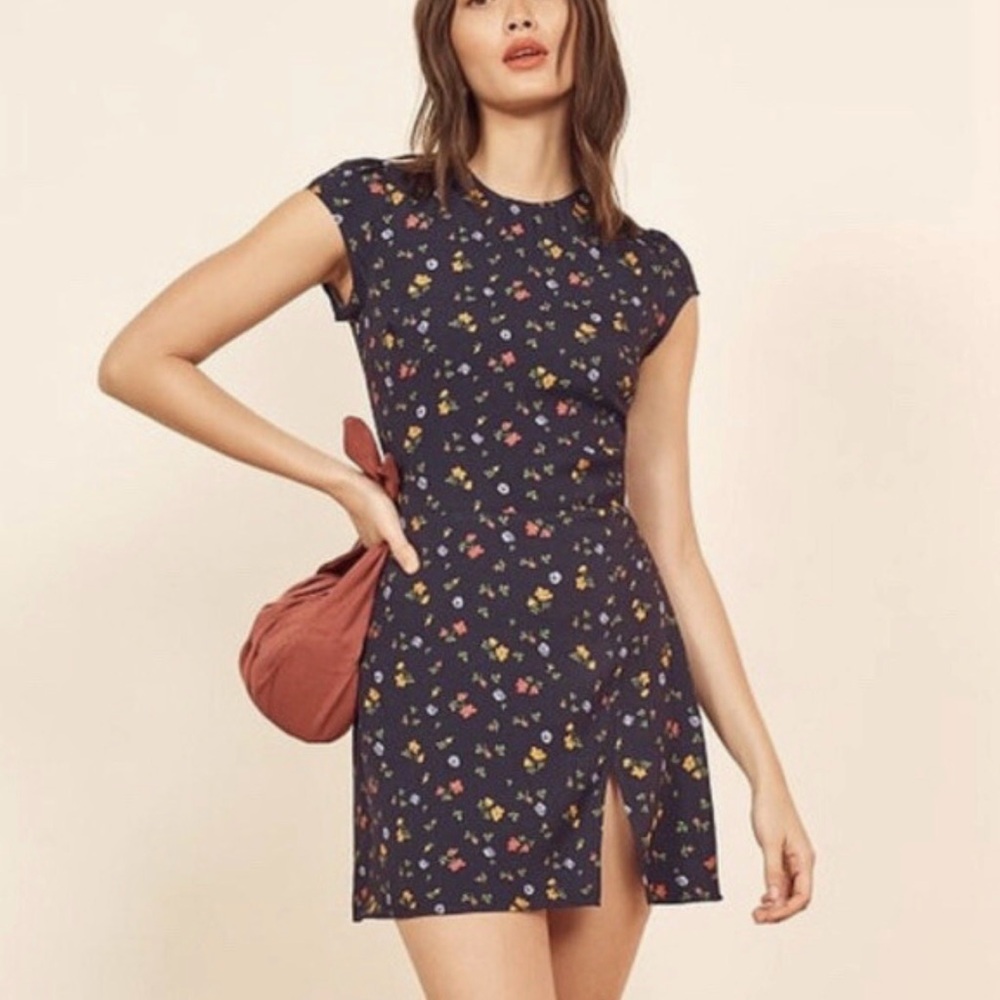 Reformation Lena Navy Floral Mini Dress